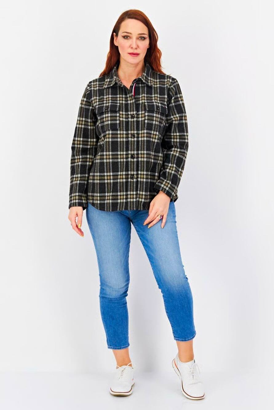 Tommy Hilfiger Women’s Plaid Short Jacket Black/Beige Collared Button 2XL